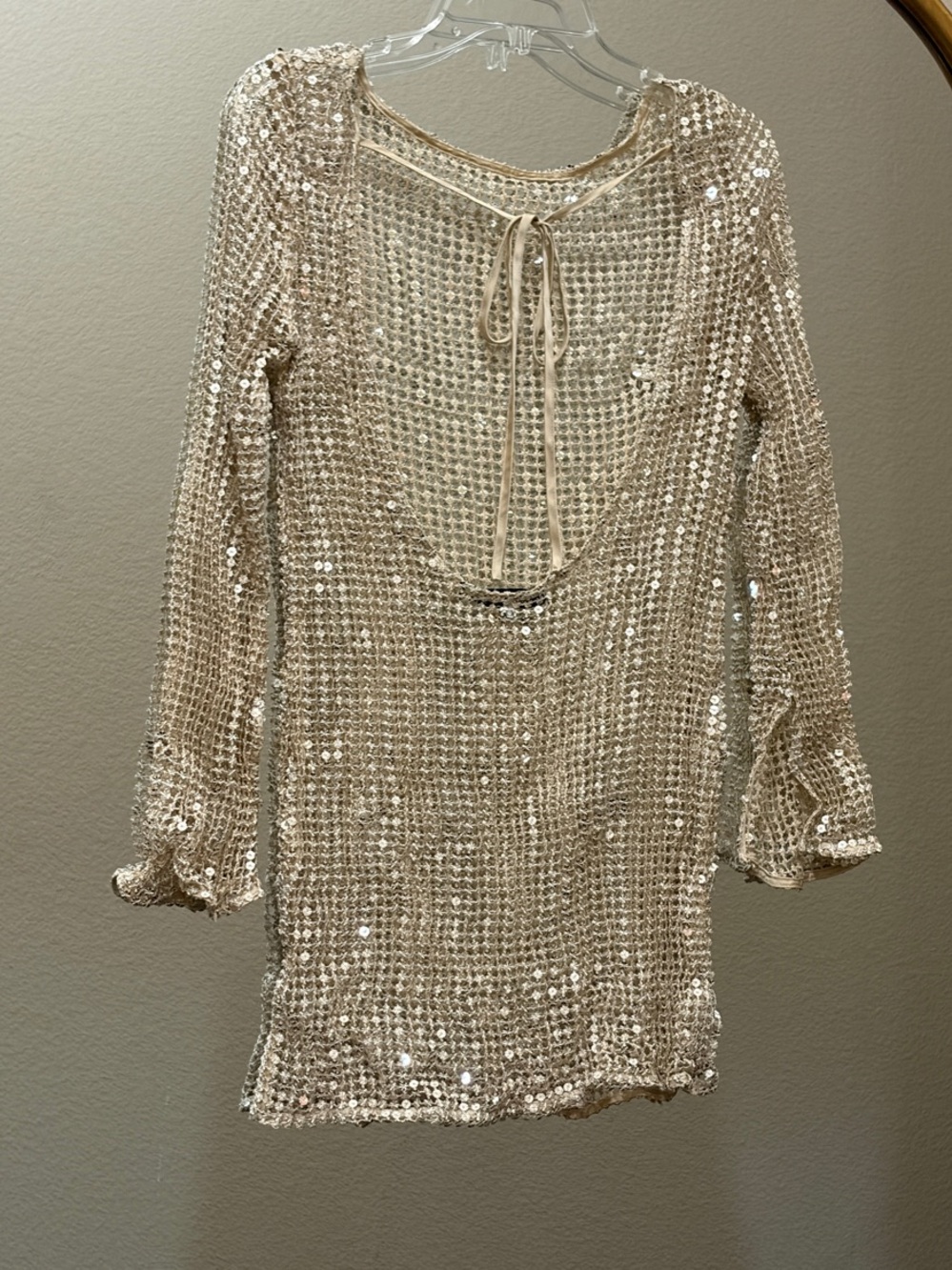 Audette Sheer Slim Sequin Mesh Long-Sleeve Mini Dress Size M - Picture 6 of 9